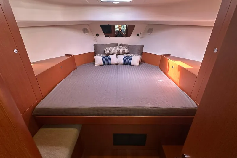 Dark Star Yacht Photos Pics Cozy cabin interior of 2016 Beneteau Swift Trawler 34 with comfortable bedding.