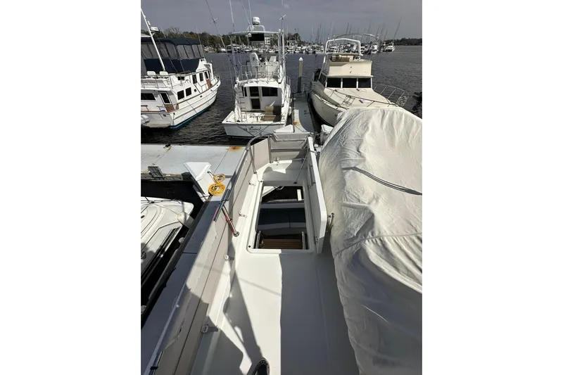 Dark Star Yacht Photos Pics 2016 Beneteau Swift Trawler 34 docked at marina, covered deck, surrounded by other boats.