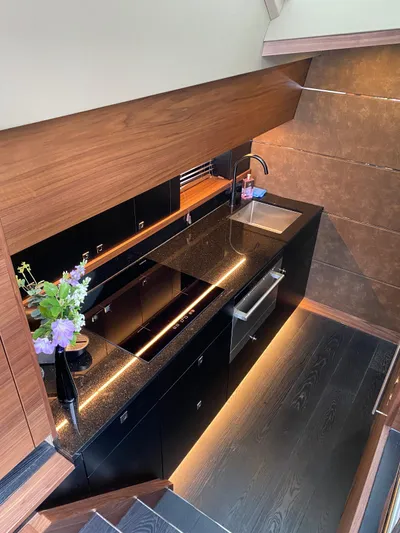  Yacht Photos Pics Luxurious kitchen interior of 2023 Van der Heijden Exclusive Deluxe 1700 yacht.