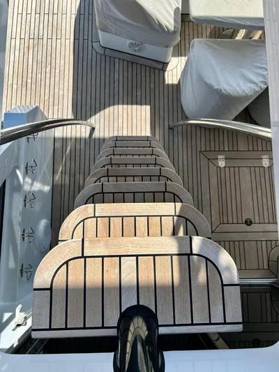  Yacht Photos Pics Staircase on Van der Heijden Phantom 70 Fly yacht, 2021 model, with wooden deck.