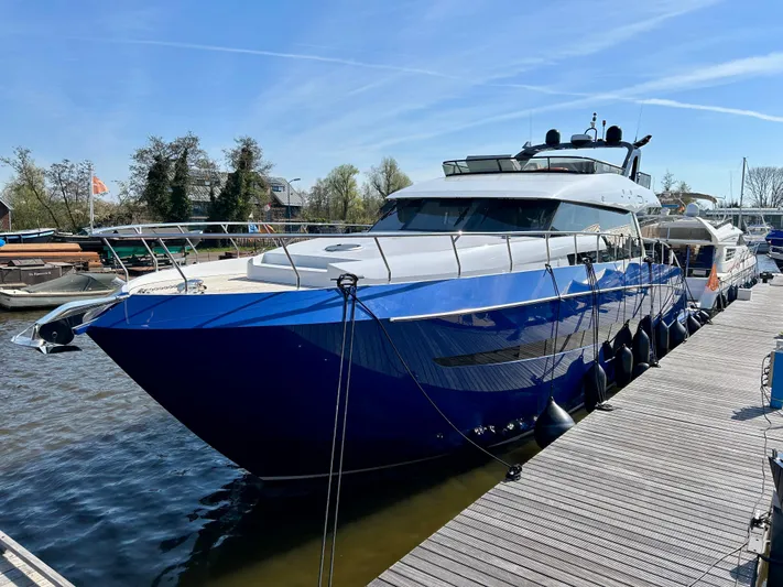  Yacht Photos Pics Luxurious 2021 Van der Heijden Phantom 70 Fly yacht docked at marina.