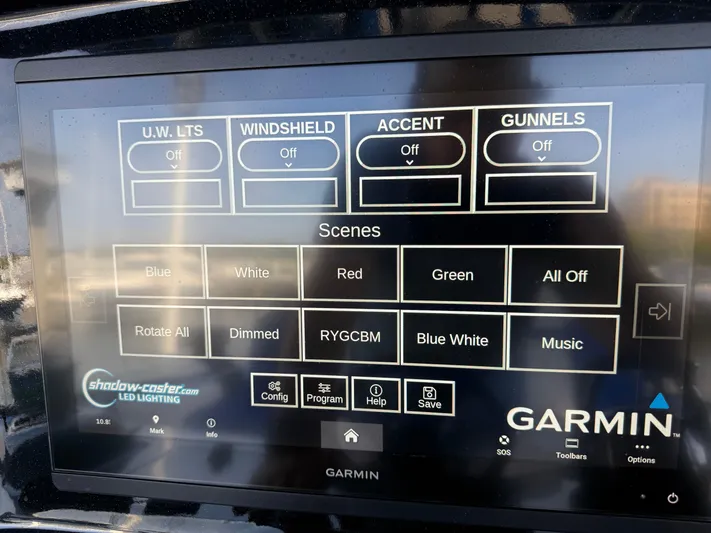 Riptide Yacht Photos Pics Garmin control panel for 2023 Statement 380 Open boat, featuring LED lighting options.