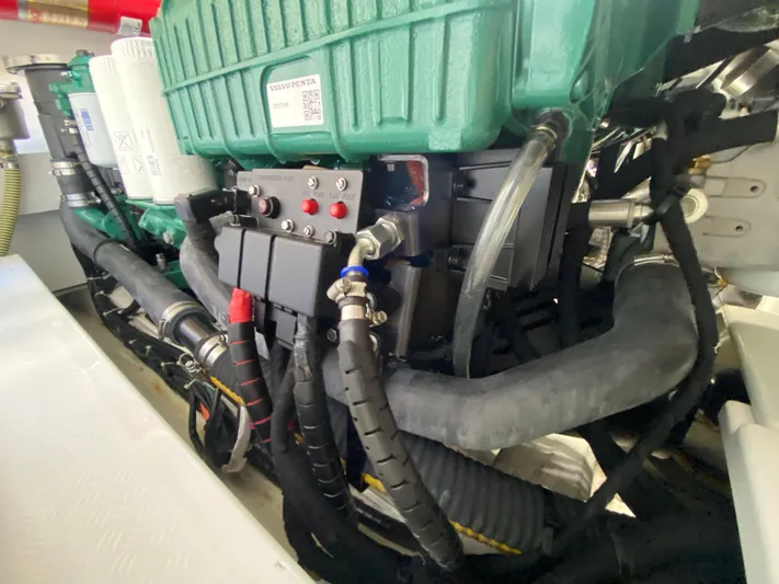 2022 Fairline Targa 50 Gt Yacht Photos Pics Engine compartment of 2022 Fairline Targa 50 GT yacht, featuring Volvo Penta components.