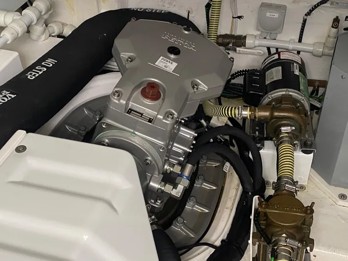 2022 Fairline Targa 50 Gt Yacht Photos Pics Engine room of 2022 Fairline Targa 50 GT yacht, showcasing mechanical components and piping.