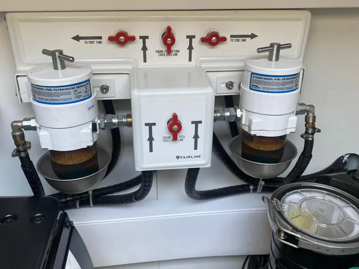 2022 Fairline Targa 50 Gt Yacht Photos Pics Engine room fuel filters on a 2022 Fairline Targa 50 GT yacht.