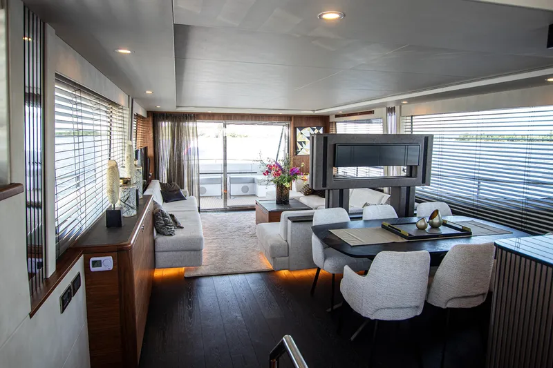  Yacht Photos Pics Luxurious interior of 2024 Van der Heijden Phantom Expedition yacht, featuring modern dining and living areas.