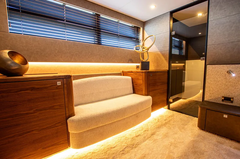  Yacht Photos Pics Luxurious interior of 2024 Van der Heijden Phantom Expedition yacht with modern design and ambient lighting.