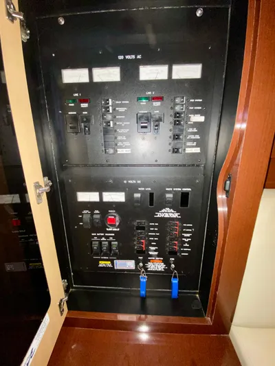  Yacht Photos Pics Electrical panel of 2008 Sea Ray 38 Sundancer boat, featuring AC and DC controls.
