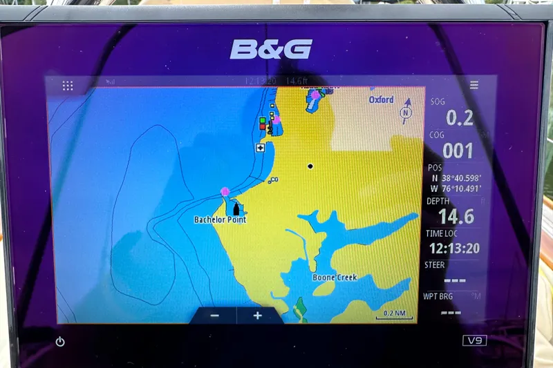 Ibis Yacht Photos Pics B&G navigation display showing Bachelor Point map, depth 14.6 ft, Morris M36, 2006.