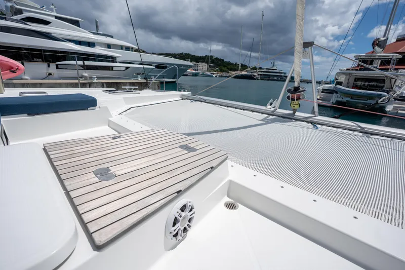  Yacht Photos Pics Fountaine Pajot SABA 50 catamaran deck, 2020 model, docked in a marina.