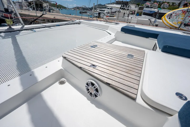  Yacht Photos Pics Deck view of 2020 Fountaine Pajot SABA 50 catamaran at marina.