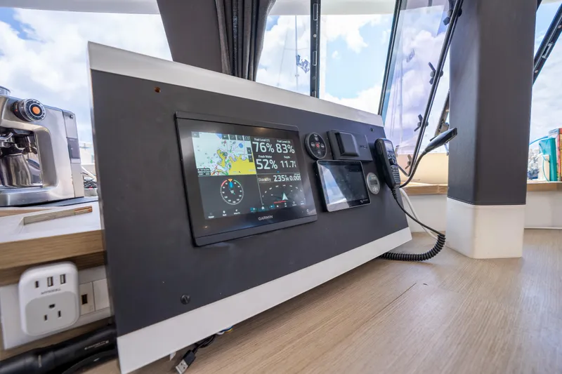 Yacht Photos Pics Control panel of 2020 Fountaine Pajot SABA 50 catamaran with navigation display.