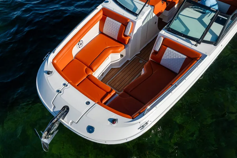 Ceci Yacht Photos Pics 2019 Sea Ray SDX 290 Outboard with orange seating, viewed from above on water.