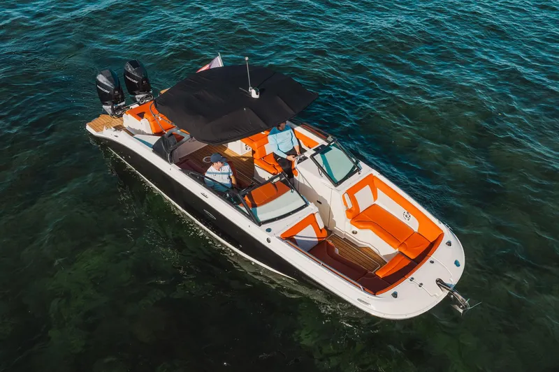 Ceci Yacht Photos Pics 2019 Sea Ray SDX 290 Outboard boat on clear water, featuring orange seating and dual engines.
