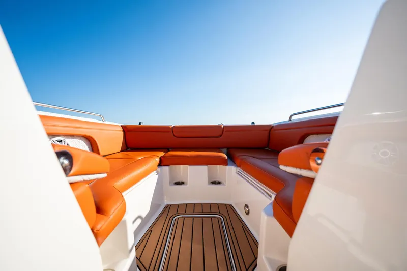 Ceci Yacht Photos Pics 2019 Sea Ray SDX 290 Outboard boat with orange seating and teak flooring.
