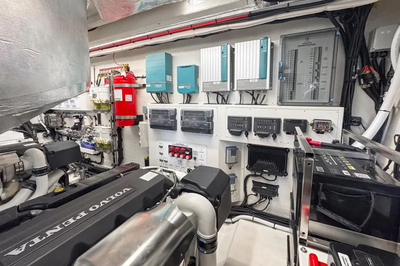 Yacht Photos Pics Engine room of 2026 Riviera 5600 Sport Yacht Platinum Edition with Volvo Penta components.