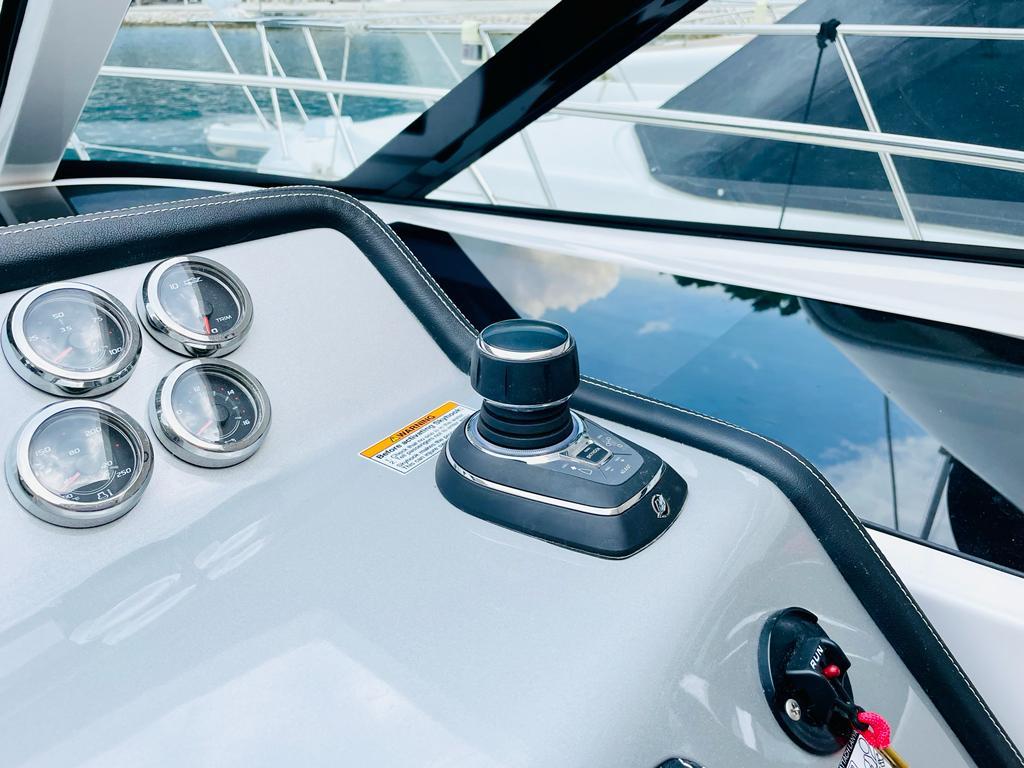Control panel of 2021 Focus Power 36 boat with gauges and joystick.