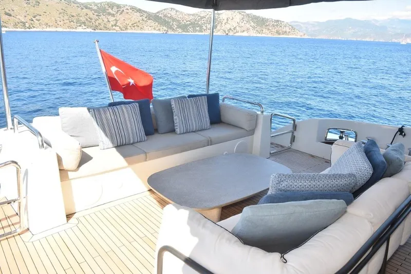  Yacht Photos Pics Luxurious 2007 Azimut 86S yacht deck with comfortable seating and scenic ocean view.