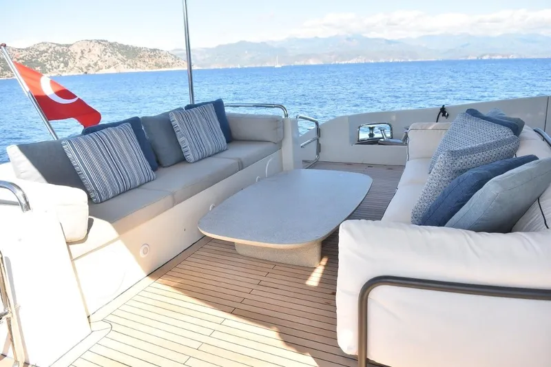  Yacht Photos Pics Luxurious 2007 Azimut 86S yacht deck with comfortable seating and scenic ocean view.