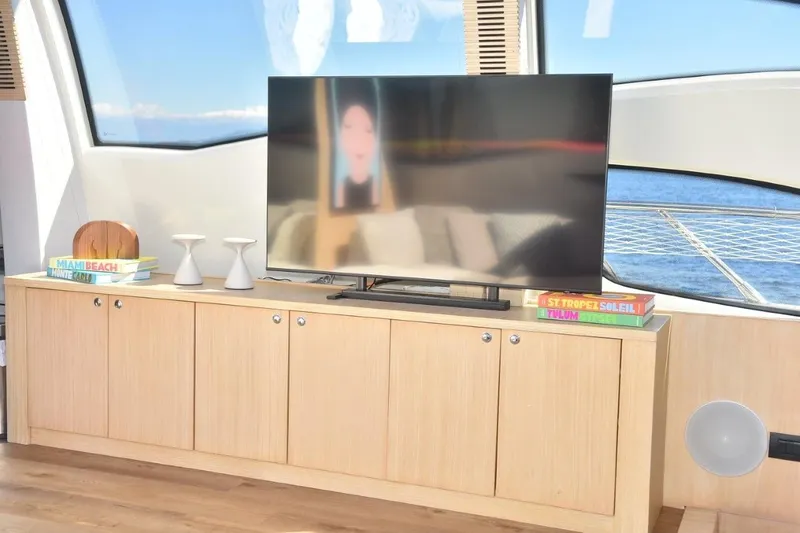  Yacht Photos Pics Luxurious interior of 2007 Azimut 86S yacht with TV and scenic ocean view.