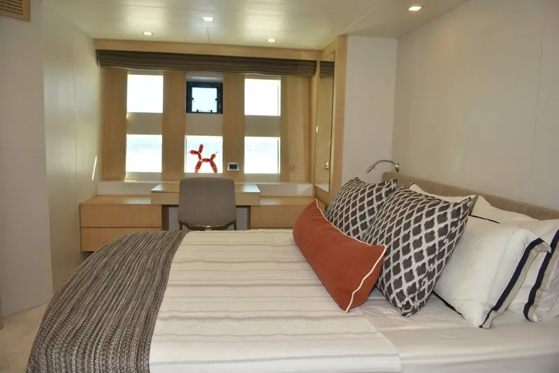  Yacht Photos Pics Luxurious bedroom interior on 2007 Azimut 86S yacht with modern decor and stylish bedding.