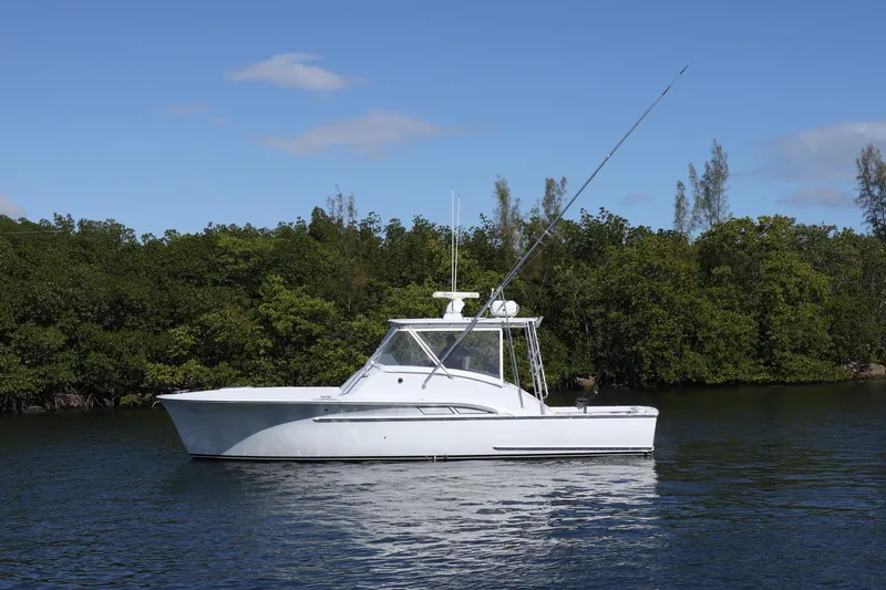 Lures & Liars Yacht Photos Pics 2002 Miller Marine 36 Express boat on calm water with lush green background.