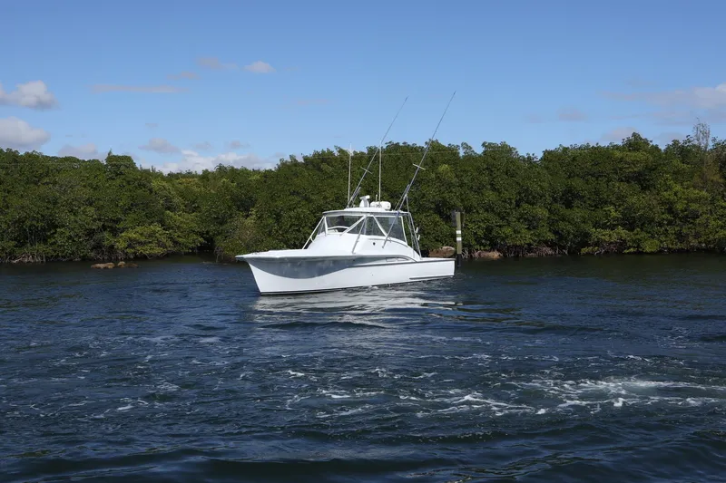 Lures & Liars Yacht Photos Pics 2002 Miller Marine 36 Express boat on calm water near lush green shoreline.
