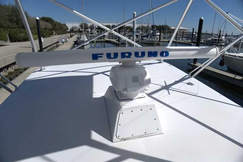 Blueprint Yacht Photos Pics Radar system on 2002 Viking 43 Open boat docked at marina.