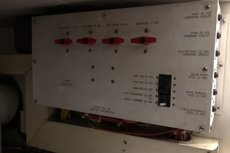Blueprint Yacht Photos Pics Battery distribution panel on a 2002 Viking 43 Open boat, showing various circuit controls.