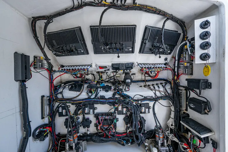  Yacht Photos Pics Electrical system of 2023 Prowler Renaissance 36 boat, showcasing complex wiring and components.