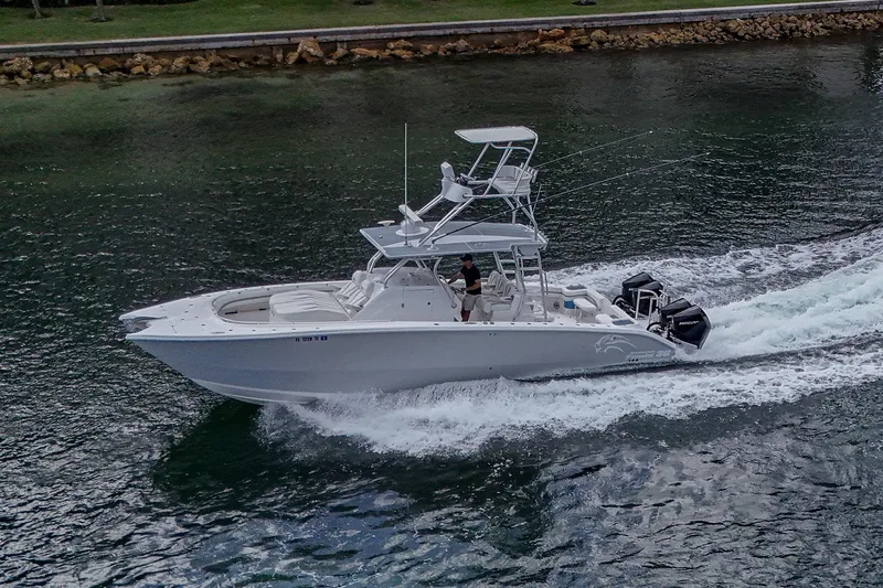  Yacht Photos Pics 2023 Prowler Renaissance 36 boat cruising on water, side view.