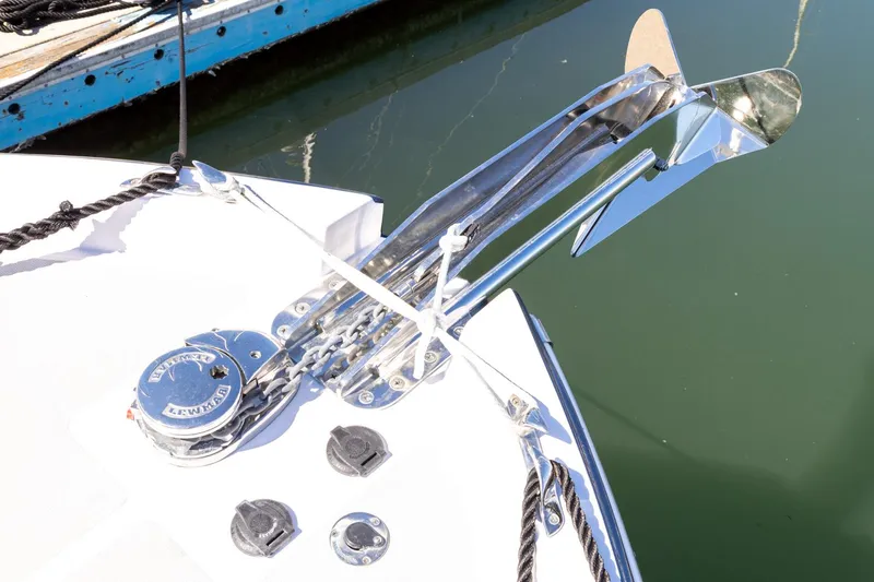 Dealer Demo Yacht Photos Pics Anchor system on 2020 True North 34 boat, docked in calm water.