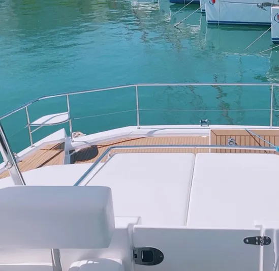  Yacht Photos Pics Leopard 43 Powercat 2020 yacht deck with serene blue water background.