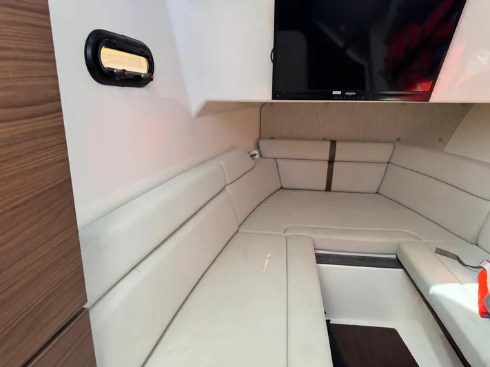  Yacht Photos Pics Interior cabin of 2018 Boston Whaler 350 Realm with seating and TV.