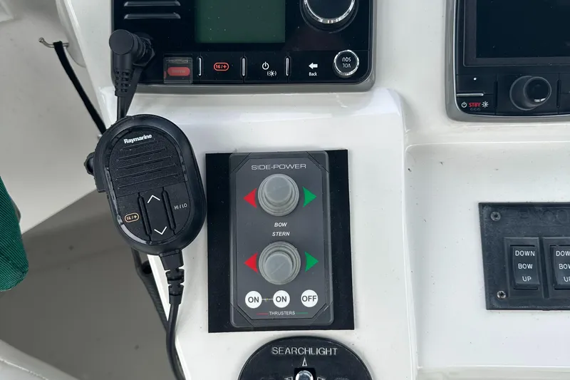 River Miss Yacht Photos Pics Control panel of a 1997 Mainship 350 boat with navigation and communication equipment.