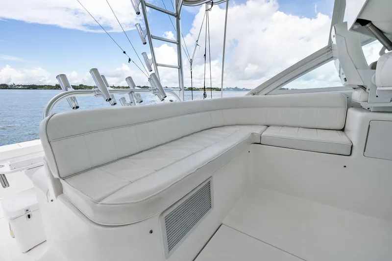 Pescador Yacht Photos Pics 2004 Cabo 40 Hardtop Express yacht with white leather seating and ocean view.