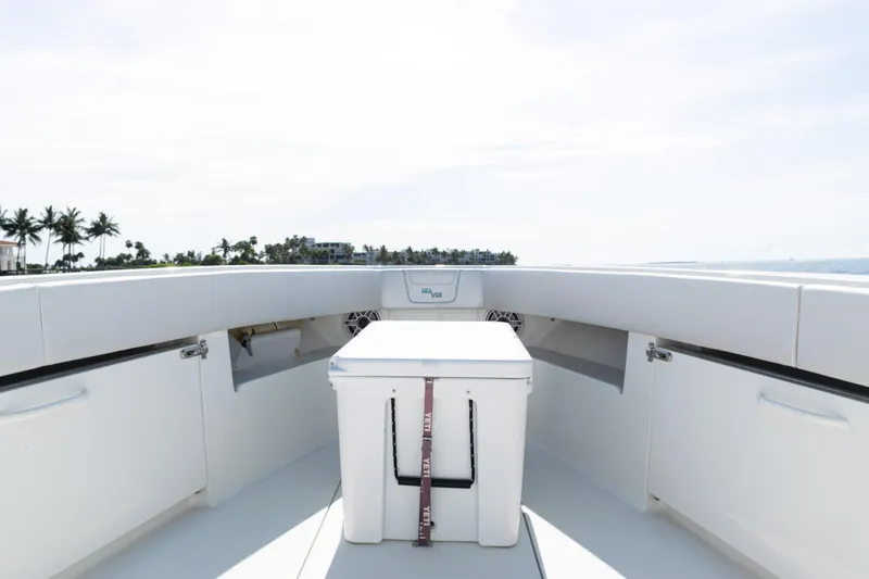  Yacht Photos Pics 2021 SeaVee 390 boat deck with cooler, surrounded by ocean and palm trees.