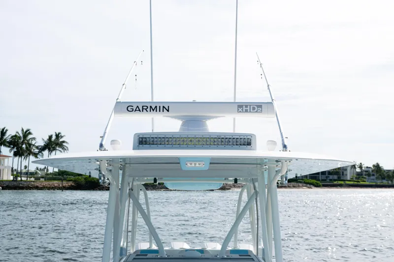  Yacht Photos Pics 2021 SeaVee 390 boat with Garmin xHD2 radar on calm water.