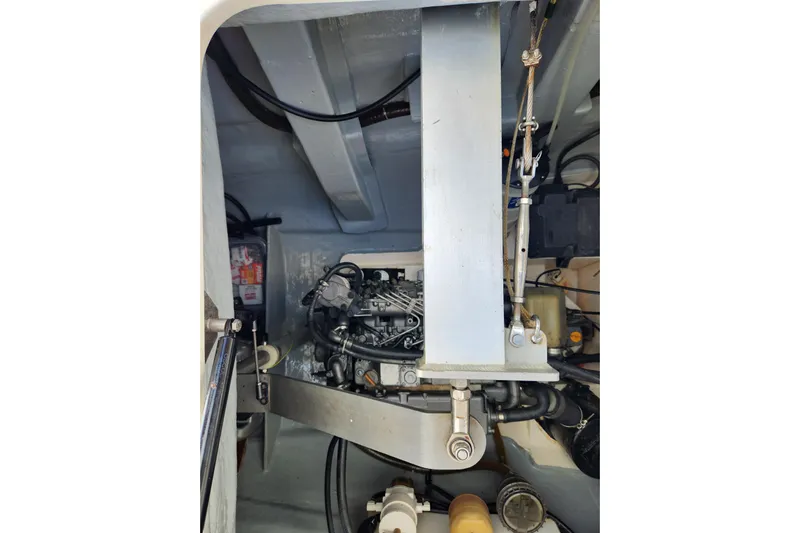 Leopard 46 Yacht Photos Pics Engine compartment of a 2009 Leopard 46 catamaran, showcasing mechanical components.