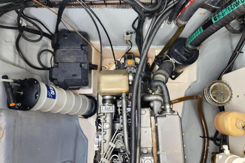 Leopard 46 Yacht Photos Pics Engine room of a 2009 Leopard 46 yacht, showcasing mechanical components and wiring.