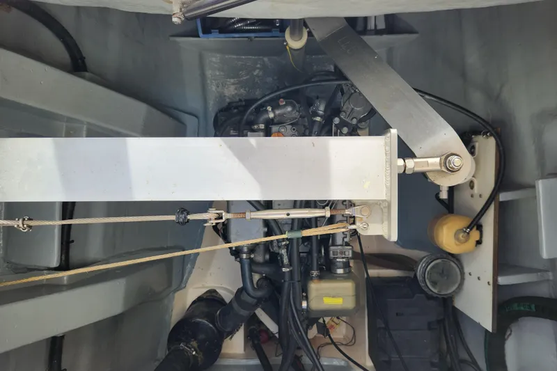 Leopard 46 Yacht Photos Pics Engine compartment of a 2009 Leopard 46 catamaran, showcasing mechanical components.