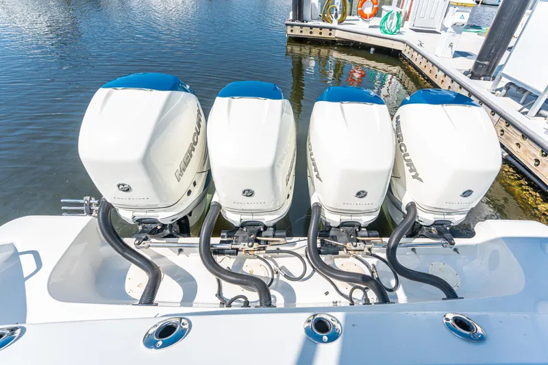 Jet Lag Yacht Photos Pics Four Mercury outboard engines on a 2019 Boston Whaler 420 Outrage at a dock.