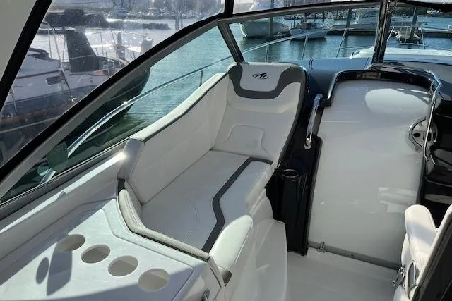  Yacht Photos Pics 2019 Monterey 355 Sport Yacht interior with sleek seating and cup holders.