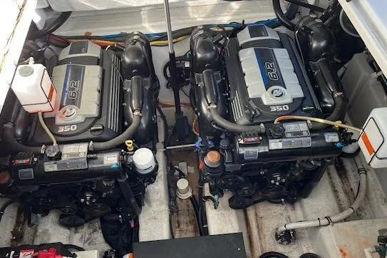  Yacht Photos Pics Engine compartment of 2019 Monterey 355 Sport Yacht with dual 6.2L 350 engines.