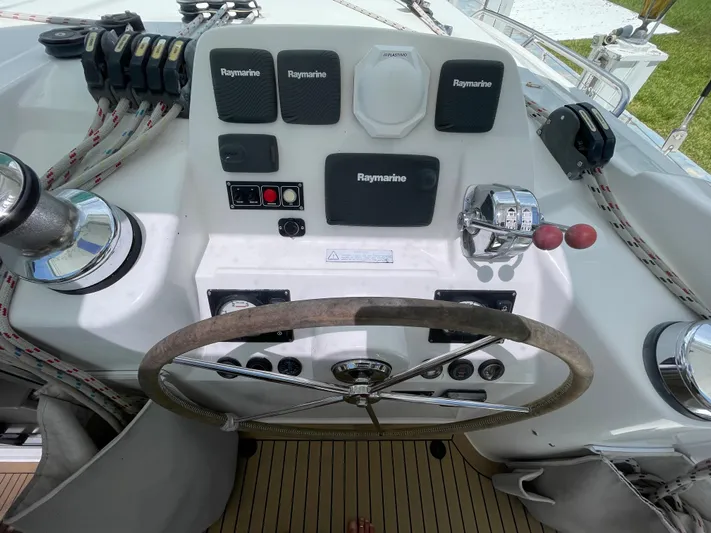 Ohana Yacht Photos Pics Helm of a 2016 Leopard 44 yacht with Raymarine equipment.