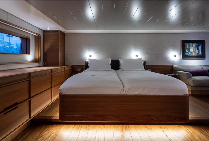 Canova Yacht Photos Pics Luxurious bedroom interior of 2019 Baltic Light Displacement Sailing Yacht with modern design.