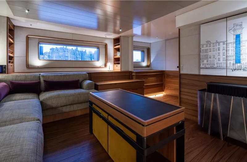 Canova Yacht Photos Pics Luxurious interior of 2019 Baltic Light Displacement Sailing Yacht with modern furnishings and artwork.