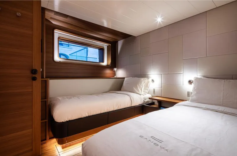 Canova Yacht Photos Pics Luxurious cabin interior of 2019 Baltic Light Displacement Sailing Yacht with twin beds.