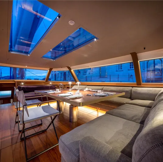Canova Yacht Photos Pics Luxurious interior of 2019 Baltic Light Displacement Sailing Yacht with elegant dining area.