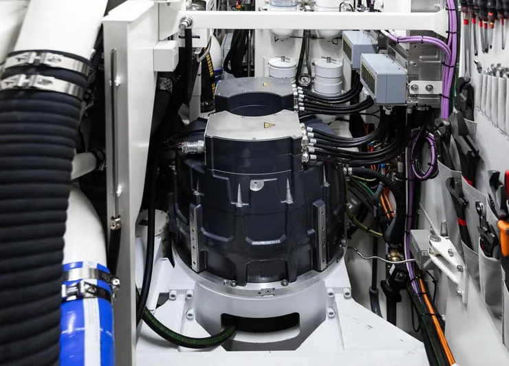 Canova Yacht Photos Pics Engine room of a 2019 Baltic Light Displacement Sailing Yacht, showcasing complex machinery and wiring.